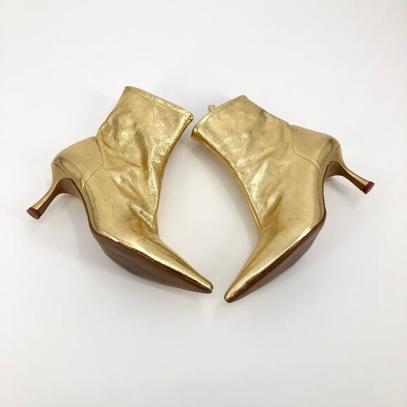 Zara Metallic Gold Leather Kitten Heel Booties Shiny Pointed Toe Boots Size 39/8 - Picture 3 of 11